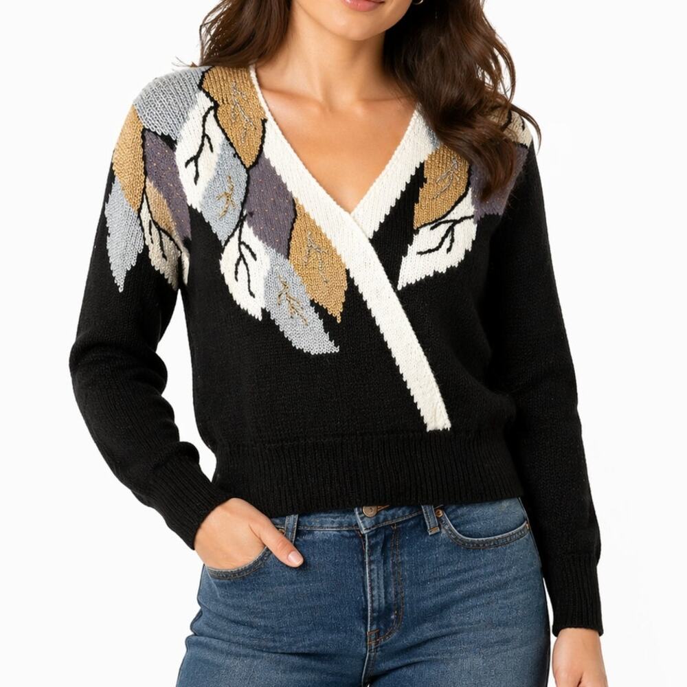 Vintage 1990s Jaclyn Smith Petite Metallic Gold Leaf Beaded Wrap Style Sweater